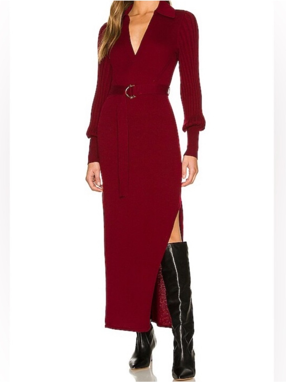 NICHOLAS Adeline Sangria Wool Blend Knit V Neck Midi Maxi Dress L Belted
